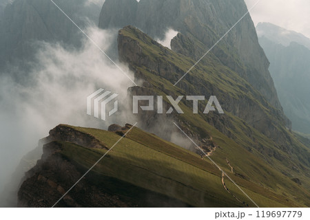 Experience the breathtaking and stunning views of the incredible Seceda located in the majestic Dolomites Mountains Experience the breathtaking and stunning views of the incredible Seceda located in the majestic Dolomites Mountains 119697779