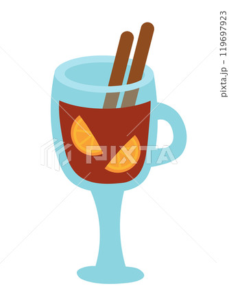 Mulled wine with orange slices, and sticks of cinnamon. Winter season Hot drink. Vector flat illustration. 119697923