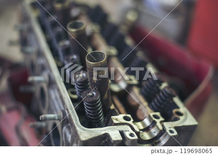 Heavy screw grungy rusted wrenches dirty screwdriver object. Industrial hardware set. Mechanic tools engineering equipment car auto repair shop with copy space. Blurred background mechanical service Heavy screw grungy rusted wrenches dirty screwdriver object. Industrial hardware set. Mechanic tools engineering equipment car auto repair shop with copy space. Blurred background mechanical service 119698065