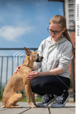 Young Caucasian woman walking with her Russian Toy Terrier dog. Vertical photo. Young Caucasian woman walking with her Russian Toy Terrier dog. Vertical photo. 119698985