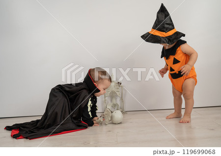 Cute kids celebrate halloween on white background. Two little boys in dracula costume and pumpkin.  119699068