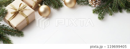 Stylish 2025 New Year and Christmas mockup featuring festive decorations and gifts set against a clean background. 119699405