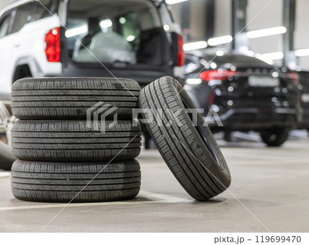 Changing tires for a car according to the season.  119699470