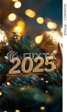 Sparkling Christmas decorations with 2025 numerals, showcasing a warm and inviting holiday atmosphere. 119699500