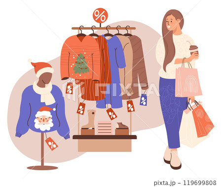 Christmas shopping, seasonal sale clothing. Girl with coffee and packages near rack with clothes and mannequin in ugly xmas sweater with Santa. Vector illustration. Female shopper, New Year purchase. Christmas shopping, seasonal sale clothing. Girl with coffee and packages near rack with clothes and mannequin in ugly xmas sweater with Santa. Vector illustration. Female shopper, New Year purchase. 119699808