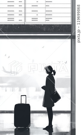 Young woman is standing with her luggage in an airport terminal, watching airplanes take off through the large windows 119699868