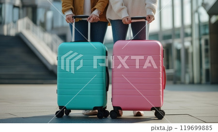 Two confident businesswomen in pink and blue outfits wait outside the airport with luggage, ready for their stylish business trip 119699885