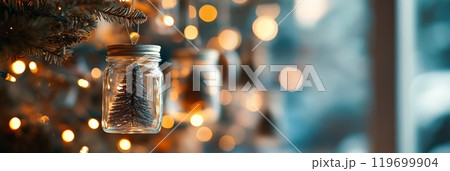 Christmas tree decorated with mason jar ornaments with mini trees glowing in soft bokeh background. Ideal festive decor for Christmas and New Year. 119699904