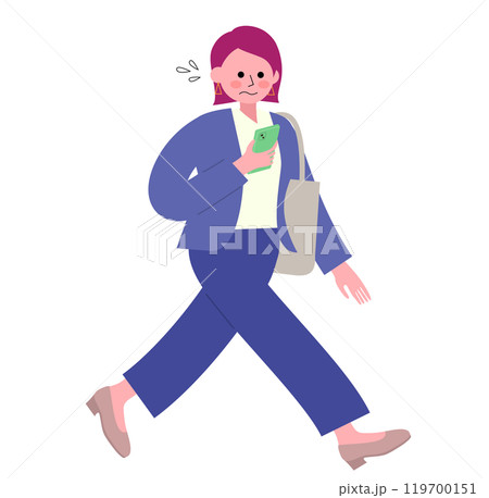 パンツスーツを着てパンプスを履いた女性スマホを見て焦った顔をして歩く全身のイラスト パンツスーツを着てパンプスを履いた女性スマホを見て焦った顔をして歩く全身のイラスト 119700151
