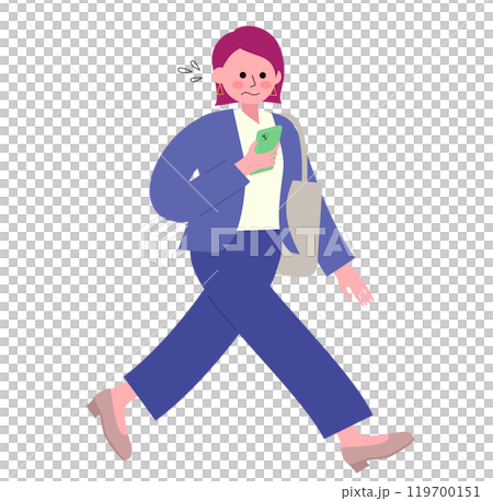 パンツスーツを着てパンプスを履いた女性スマホを見て焦った顔をして歩く全身のイラスト パンツスーツを着てパンプスを履いた女性スマホを見て焦った顔をして歩く全身のイラスト 119700151