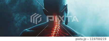 3d rendered illustration of a man with his spine illuminated, conveying the feeling of discomfort and pain in the neck and back 3d rendered illustration of a man with his spine illuminated, conveying the feeling of discomfort and pain in the neck and back 119700219