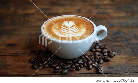 A white cup of hot cappuccino with coffee beans stands on a wooden background. Rustic style, space for text 119700418