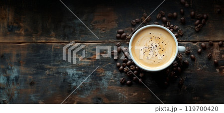 A white cup of hot cappuccino with coffee beans stands on a wooden background. Rustic style, space for text 119700420