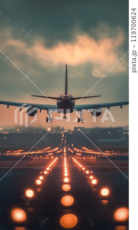 Large passenger jet is landing on the illuminated runway of an airport. With its landing lights on. The sky is a beautiful mix of orange and blue hues. Creating a dramatic backdrop for the aircraft 119700624