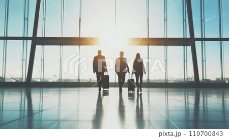 Three business people walking in an airport terminal, carrying luggage, heading to departure gate. Bright, modern terminal with light streaming in, creating warm atmosphere 119700843