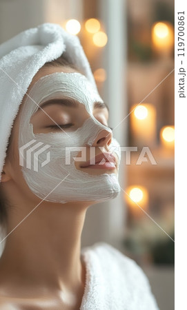 Woman enjoying a spa facial treatment, eyes closed, towel on head, creating a tranquil and relaxing atmosphere 119700861