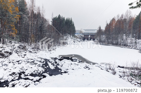 Winter landscape with Palyeozerskaya hydroelectric power station Winter landscape with Palyeozerskaya hydroelectric power station 119700872