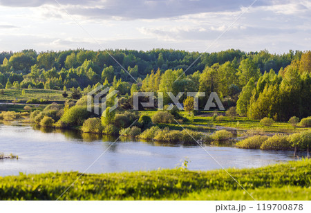 Rural Russian landscape photography with Sorot river coasts 119700878