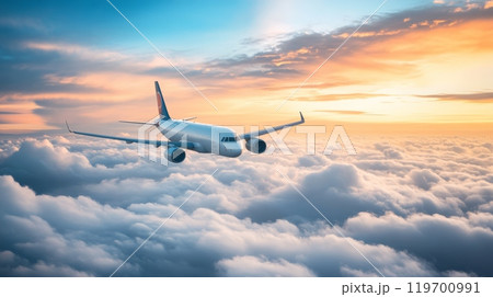 Sleek white airplane soars above fluffy clouds at sunset, symbolizing travel, freedom, and adventure. Perfect for tourism and transportation concepts 119700991