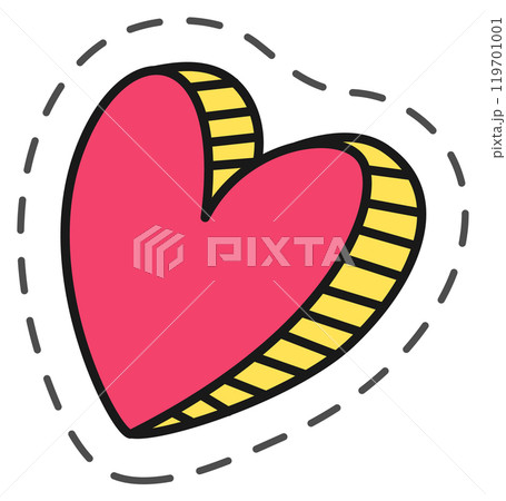 Cartoon heart with yellow stripes and dotted line symbolizing love, affection, and romance, perfect for valentines day or romantic projects 119701001