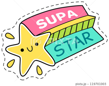 Colorful vector illustration of a cute cartoon star with a smiling face and the words supa star 119701003
