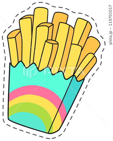 French fries served in a colorful box with a rainbow design, presented as a sticker with a dashed border French fries served in a colorful box with a rainbow design, presented as a sticker with a dashed border 119701017