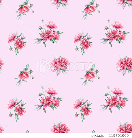 Seamless pattern with watercolor bouquet of pink peony flowers in full bloom. Hand drawn illustration beautiful floral flower. Repeat wallpaper with summer botanical plant on isolated. 119701069