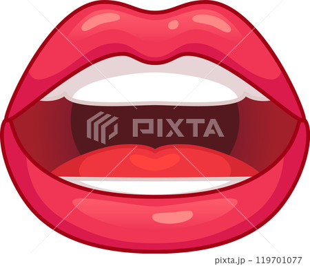Glossy red lips slightly parted, showing teeth and tongue, expressing speech, singing, or surprise 119701077