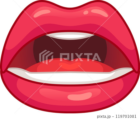 Cartoon illustration of open red lips showing tongue and teeth, expressing emotion Cartoon illustration of open red lips showing tongue and teeth, expressing emotion 119701081