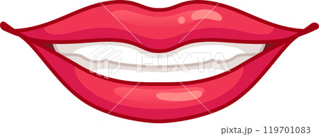 Cartoon drawing of glossy red lips showing perfect white teeth, in a big appealing smile 119701083