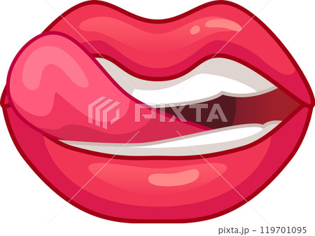 Cartoon illustration of red female lips licking, showing tongue and teeth, isolated on white background Cartoon illustration of red female lips licking, showing tongue and teeth, isolated on white background 119701095