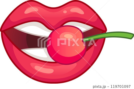 Cartoon illustration of red lips biting a cherry, showing white teeth and a green stem, isolated on white Cartoon illustration of red lips biting a cherry, showing white teeth and a green stem, isolated on white 119701097