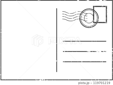Vintage postcard with grunge texture, featuring a blank space for writing, a circular postmark, and a rectangular stamp, evoking nostalgia and travel memories 119701219