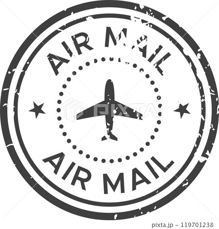 Black ink grunge rubber stamp reading air mail with airplane silhouette, for letters and packages requiring express delivery 119701238