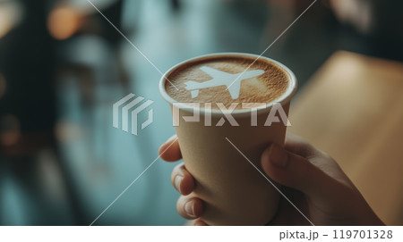 Woman is holding a paper cup of cappuccino with latte art in the shape of an airplane, enjoying her coffee in an airport cafe 119701328