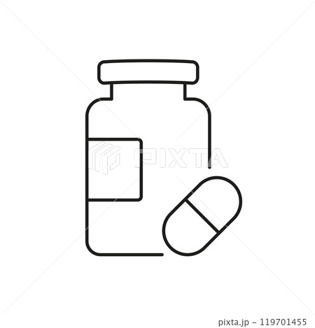 Supplement Jar With Capsule Line Icon. Vitamins, Health Support, Dietary Supplementation And Wellness. Isolated Vector Illustration Supplement Jar With Capsule Line Icon. Vitamins, Health Support, Dietary Supplementation And Wellness. Isolated Vector Illustration 119701455