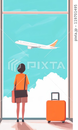 Excited traveler looks out window at airplane above clouds, ready to board. Captures anticipation of new journey with luggage, promise of adventure Excited traveler looks out window at airplane above clouds, ready to board. Captures anticipation of new journey with luggage, promise of adventure 119701495