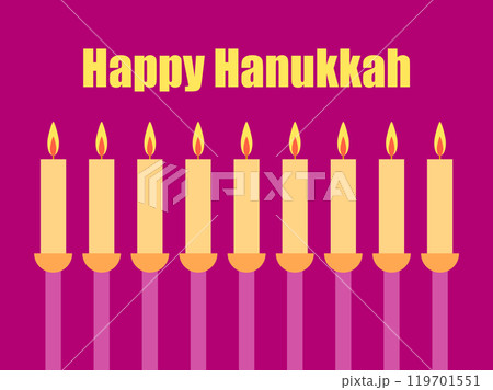 Happy Hanukkah. Nine Hanukkah candles are the symbol of the Jewish holiday. Lit candles. Design for invitation flyers, brochures and promotional items. Vector illustration 119701551