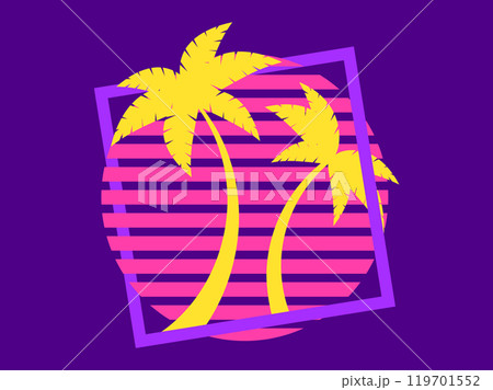 Palm trees at sunset retro sun in 80s style. Retro futuristic silhouettes of palm trees against the sun in a square frame. Synthwave style. Design for banners and posters. Vector illustration Palm trees at sunset retro sun in 80s style. Retro futuristic silhouettes of palm trees against the sun in a square frame. Synthwave style. Design for banners and posters. Vector illustration 119701552
