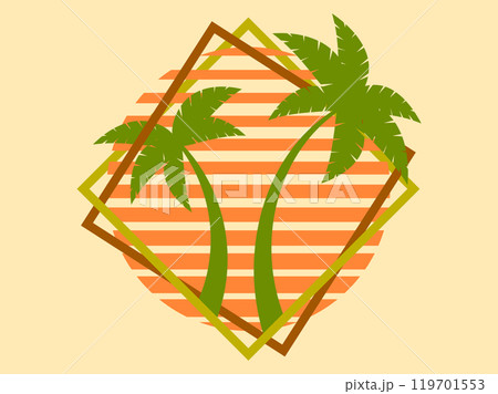 Palm trees at sunset retro sun in 80s style. Retro futuristic silhouettes of palm trees against the sun in a square frame. Synthwave style. Design for banners and posters. Vector illustration 119701553