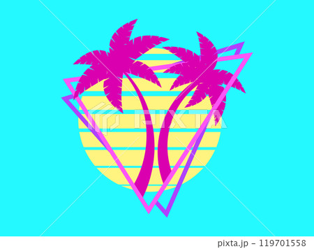 80s retro sci-fi palm trees on a sunset. Retro futuristic sun with palm trees in a triangular frame. Synthwave style. Design for advertising brochures, banners and posters. Vector illustration 119701558