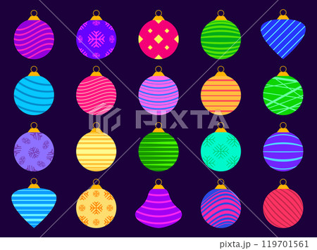 Christmas balls icons set. Christmas decorations, each ornament is decorated with snowflakes and stripes patterns. Xmas design for wrappers, covers, banners and posters. Vector illustration Christmas balls icons set. Christmas decorations, each ornament is decorated with snowflakes and stripes patterns. Xmas design for wrappers, covers, banners and posters. Vector illustration 119701561