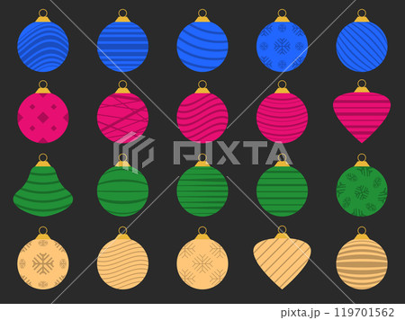 Christmas balls icons set. Christmas decorations, each ornament is decorated with snowflakes and stripes patterns. Xmas design for wrappers, covers, banners and posters. Vector illustration 119701562