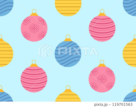 Seamless pattern with Christmas balls. Christmas ornaments, each ornament is decorated with snowflakes and stripes patterns. Xmas design for wrappers, covers, banners and posters. Vector illustration Seamless pattern with Christmas balls. Christmas ornaments, each ornament is decorated with snowflakes and stripes patterns. Xmas design for wrappers, covers, banners and posters. Vector illustration 119701563