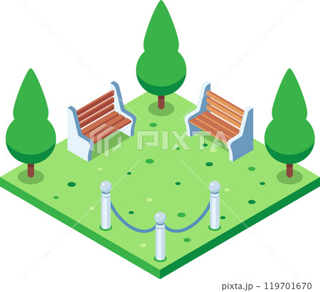 Isometric view of a peaceful city park featuring benches, trees, and a rope fence, creating a relaxing urban oasis Isometric view of a peaceful city park featuring benches, trees, and a rope fence, creating a relaxing urban oasis 119701670