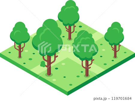 Lush green trees growing in a vibrant isometric park or garden, creating a peaceful and natural scene 119701684