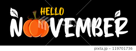 Hello November text with pumpkin isolated on black background. Hello November sticker, label png, banner, poster design template 119701736