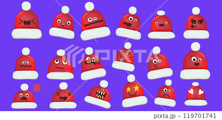 Vector cartoon santa red hat character collection isolated on blue background. Childrens Merry Christmas design elements big set with funky hats. Christmas smile, emoji and sticker collection. 119701741
