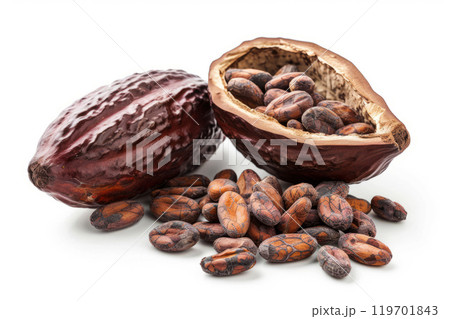 Cocoa pod and cocoa beans on white background 119701843