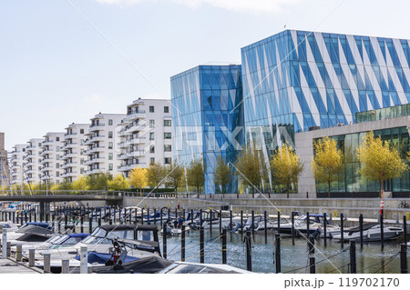 Yacht parking. A marina lot. Yacht and sailboat is moored at the quay. 119702170
